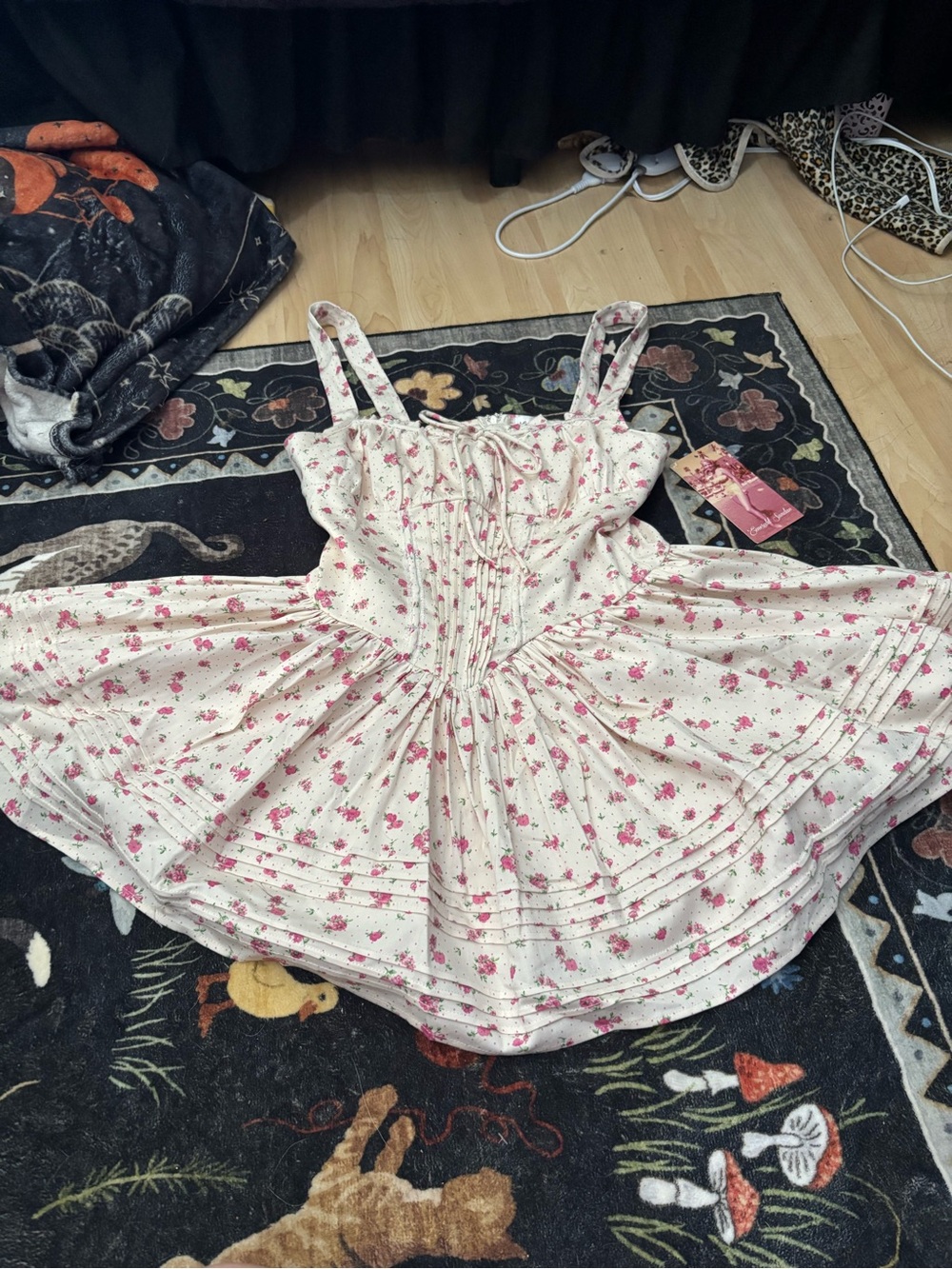 Floral Lace-Up Sundress with Pink Rose Print